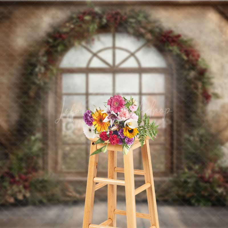 Lofaris Rustic Christmas Window Photography Backdrop Winter Scene with Berry Wreath Farmhouse Barn Wood Wall Photo Prop