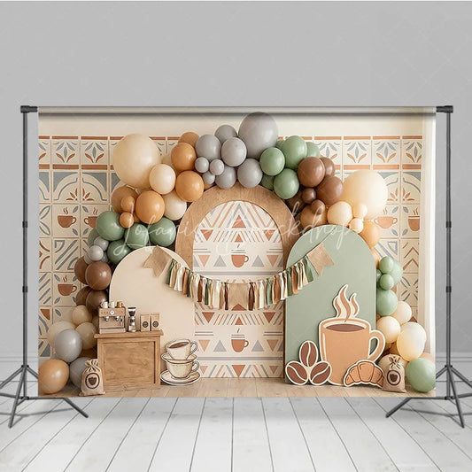 Lofaris Rustic Coffee Theme Photography Backdrop with Earthy Tones Balloons and Cafe Decor for Birthday Party