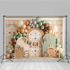 Lofaris Rustic Coffee Theme Photography Backdrop with Earthy Tones Balloons and Cafe Decor for Birthday Party