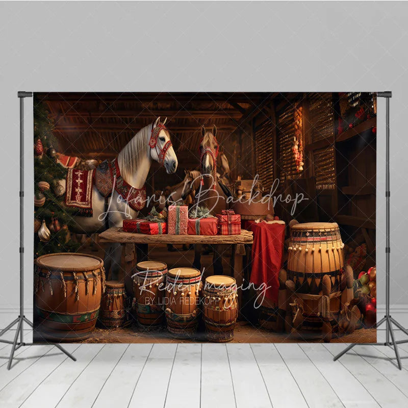 Lofaris Rustic Country Christmas Combo Set Backdrop Festive Horses in a Barn with Drums Holiday Stable Photo Floor