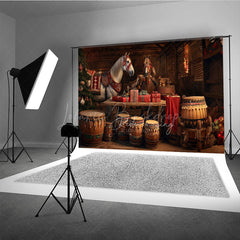 Lofaris Rustic Country Christmas Photography Backdrop Festive Horses in a Barn Holiday Stable Photo Background