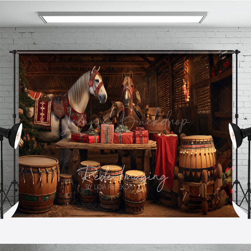 Lofaris Rustic Country Christmas Photography Backdrop Festive Horses in a Barn Holiday Stable Photo Background
