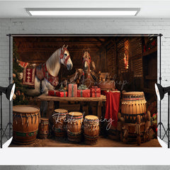 Lofaris Rustic Country Christmas Photography Backdrop Festive Horses in a Barn Holiday Stable Photo Background