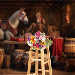 Lofaris Rustic Country Christmas Photography Backdrop Festive Horses in a Barn Holiday Stable Photo Background