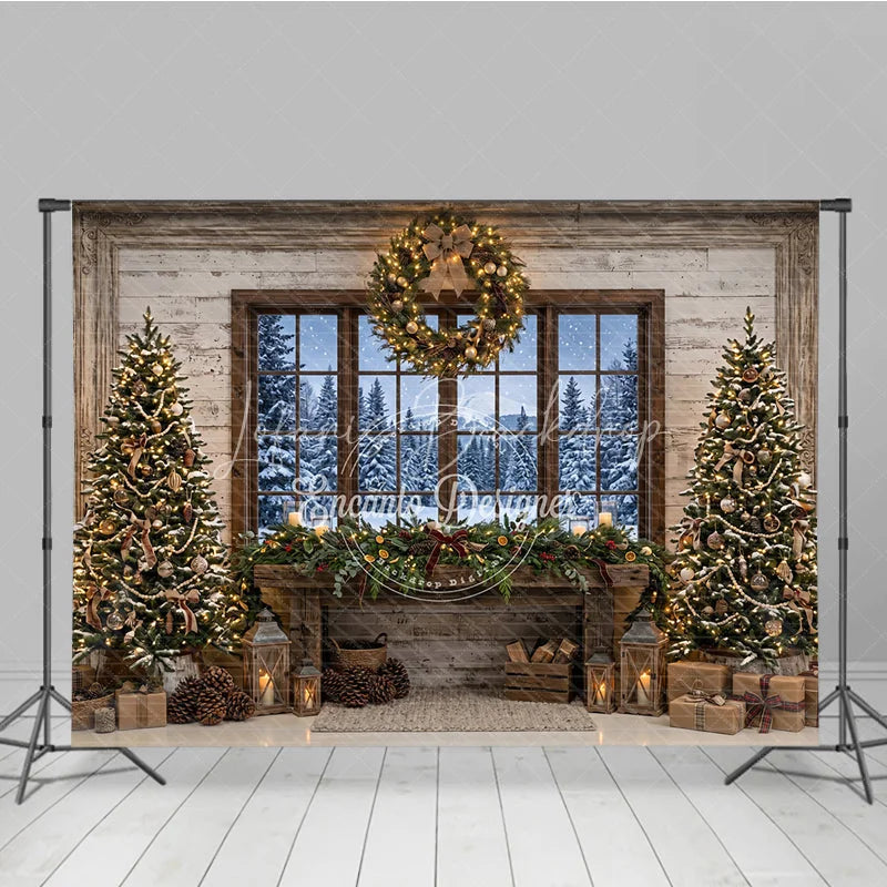 Lofaris Rustic Cozy Christmas Trees and Fireplace Mantel Holiday Backdrop with Snowy Window Winter Scene Photography Decor