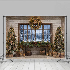 Lofaris Rustic Cozy Christmas Trees and Fireplace Mantel Holiday Backdrop with Snowy Window Winter Scene Photography Decor
