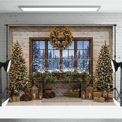 Lofaris Rustic Cozy Christmas Trees and Fireplace Mantel Holiday Backdrop with Snowy Window Winter Scene Photography Decor