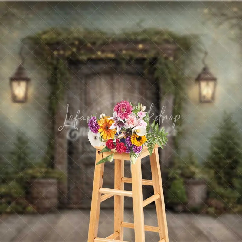 Lofaris Rustic Dark Wood Door Christmas Backdrop Hanging Lantern Forest Photography Background