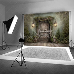 Lofaris Rustic Dark Wood Door Christmas Backdrop Hanging Lantern Forest Photography Background