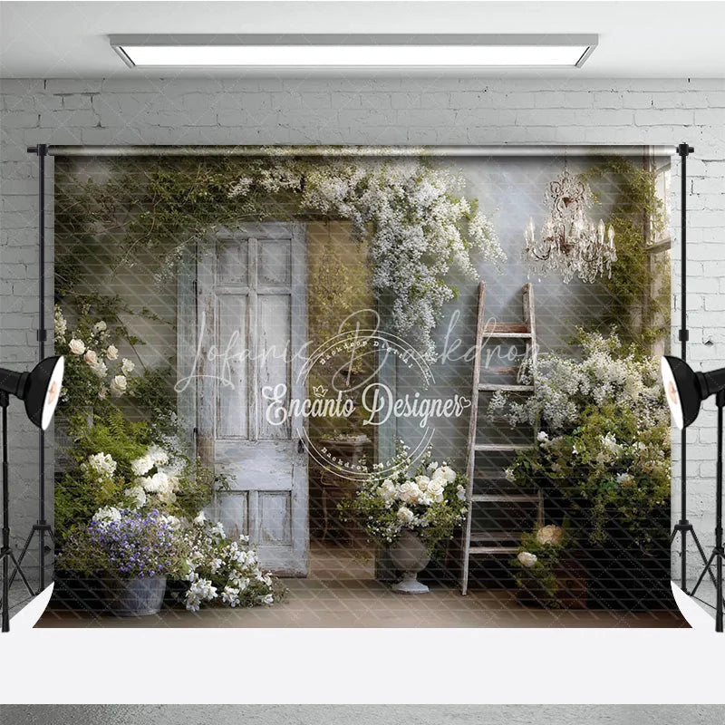 Lofaris Rustic Door Photography Backdrop White Flowers with Ladder and Chandelier Farmhouse Maternity Photo Background