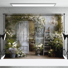 Lofaris Rustic Door Photography Backdrop White Flowers with Ladder and Chandelier Farmhouse Maternity Photo Background