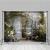 Lofaris Rustic Door Photography Backdrop White Flowers with Ladder and Chandelier Farmhouse Maternity Photo Background