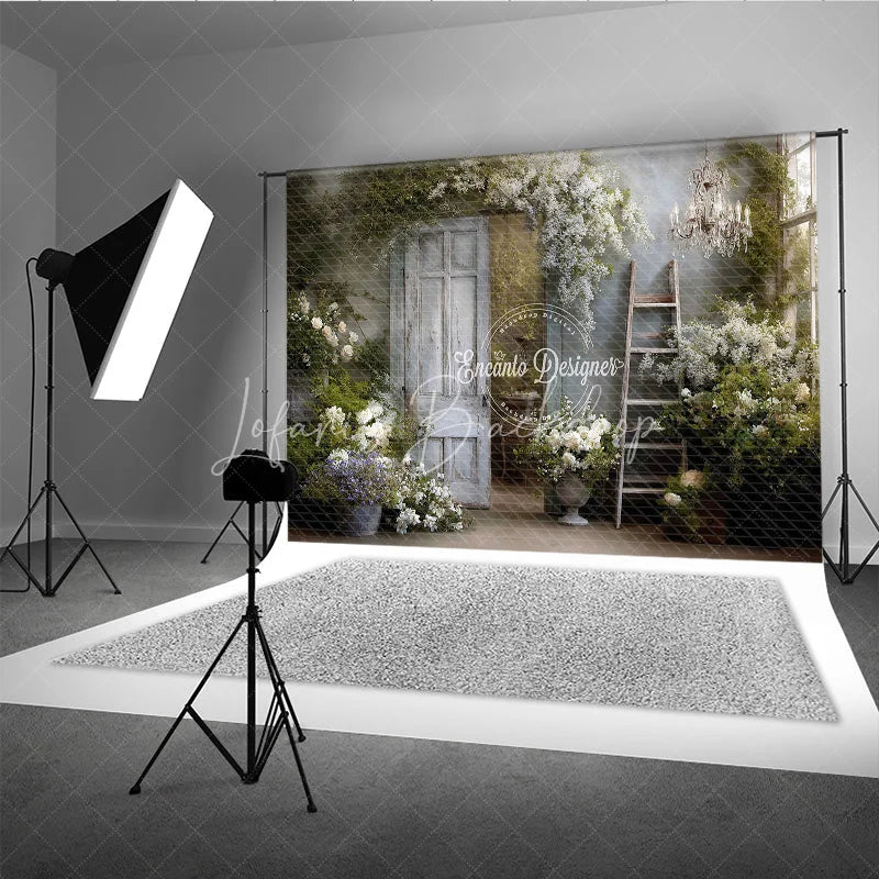 Lofaris Rustic Door Photography Backdrop White Flowers with Ladder and Chandelier Farmhouse Maternity Photo Background
