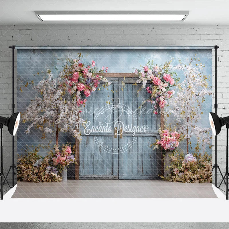 Lofaris Rustic Door Photography Backdrop with Spring Cherry Blossoms Blue Sky Fine Art Painterly Photo Background