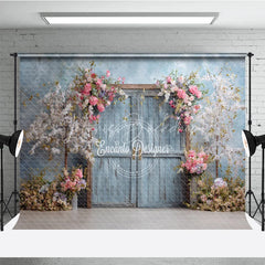 Lofaris Rustic Door Photography Backdrop with Spring Cherry Blossoms Blue Sky Fine Art Painterly Photo Background
