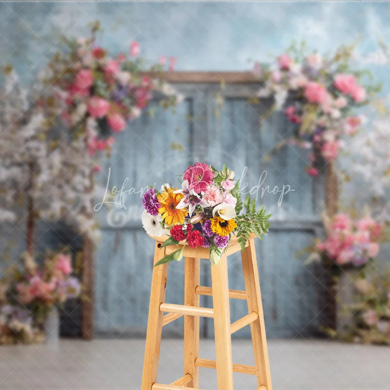 Lofaris Rustic Door Photography Backdrop with Spring Cherry Blossoms Blue Sky Fine Art Painterly Photo Background