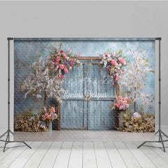 Lofaris Rustic Door Photography Backdrop with Spring Cherry Blossoms Blue Sky Fine Art Painterly Photo Background