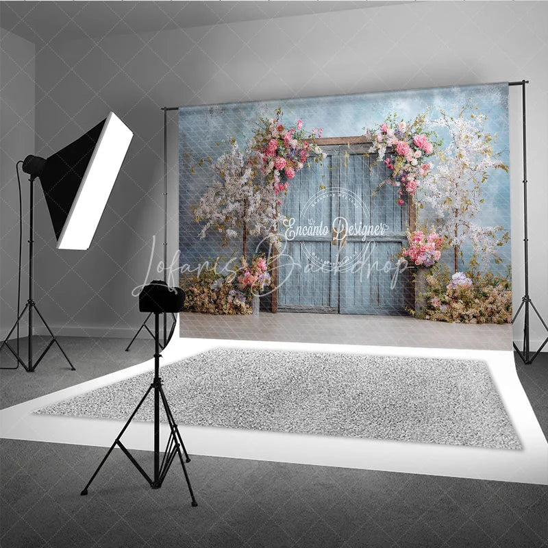 Lofaris Rustic Door Photography Backdrop with Spring Cherry Blossoms Blue Sky Fine Art Painterly Photo Background