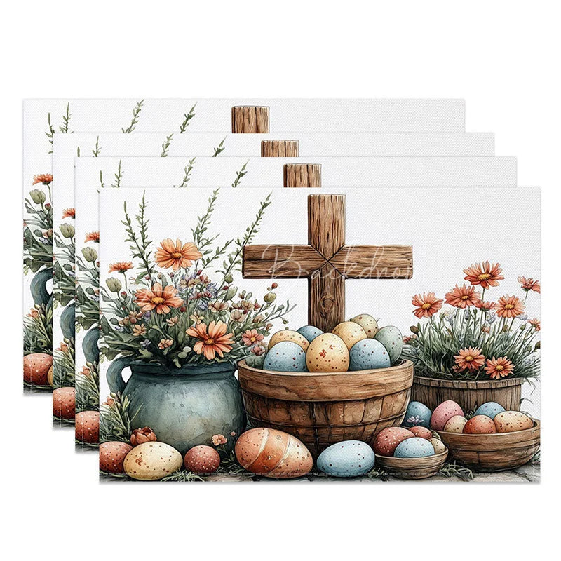 Lofaris Rustic Easter Cross Set of 4 Placemats Orange Daisy Flower Basket Eggs Table Mats Farmhouse Spring Dining Decor
