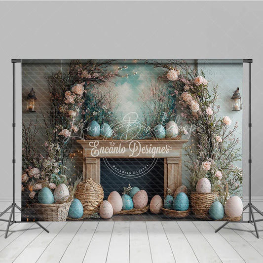 Lofaris Rustic Easter Fireplace Mantel Backdrop Floral Branch and Egg Spring Photography Background