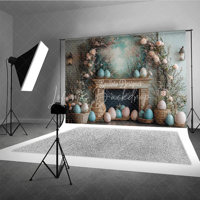Lofaris Rustic Easter Fireplace Mantel Backdrop Floral Branch and Egg Spring Photography Background