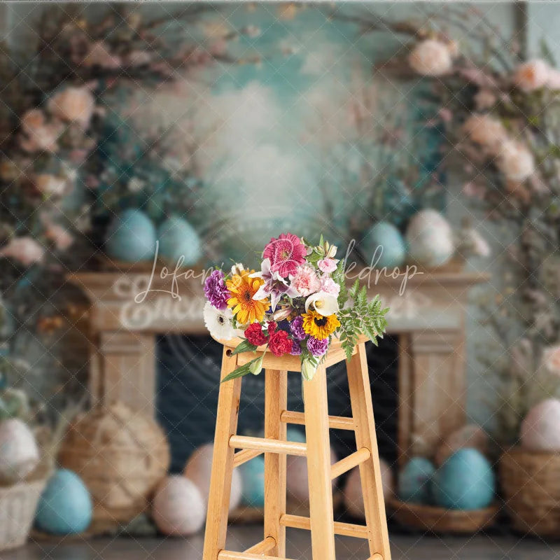 Lofaris Rustic Easter Fireplace Mantel Backdrop Floral Branch and Egg Spring Photography Background