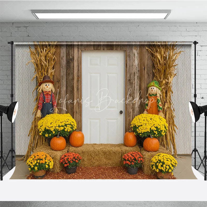 Lofaris Rustic Fall Front Porch Photography Backdrop Scarecrow and Pumpkins with Mums Autumn Harvest Farmhouse Decor