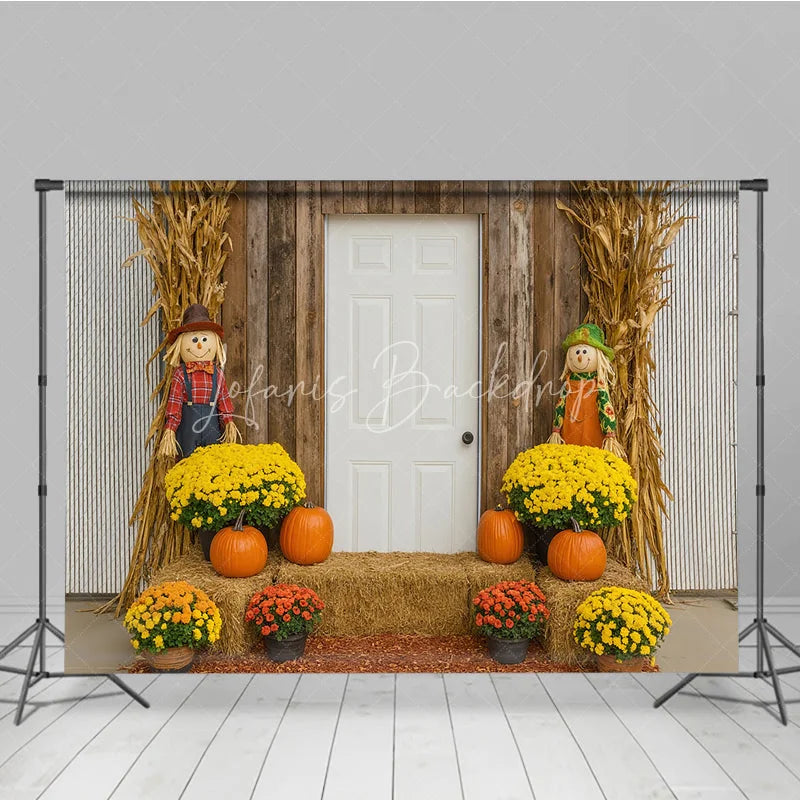 Lofaris Rustic Fall Front Porch Photography Backdrop Scarecrow and Pumpkins with Mums Autumn Harvest Farmhouse Decor