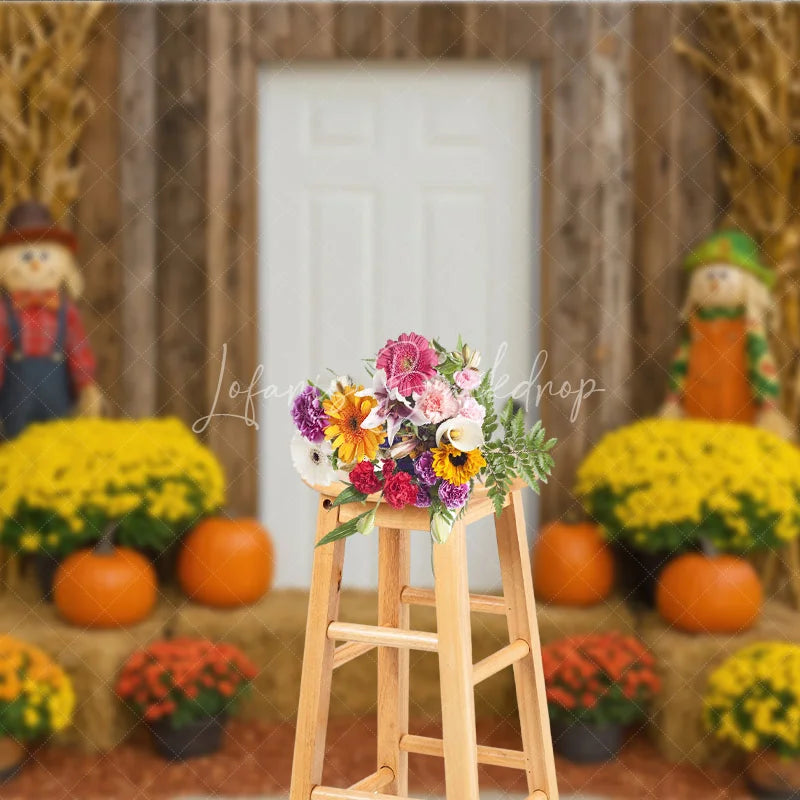 Lofaris Rustic Fall Front Porch Photography Backdrop Scarecrow and Pumpkins with Mums Autumn Harvest Farmhouse Decor