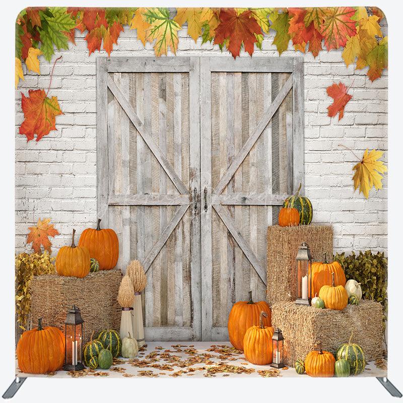 Lofaris Rustic Fall Harvest Tension Fabric Backdrop Autumn Pumpkin Patch with Barn Door Thanksgiving Photo Booth Decor