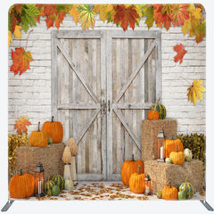 Lofaris Rustic Fall Harvest Tension Fabric Backdrop Autumn Pumpkin Patch with Barn Door Thanksgiving Photo Booth Decor