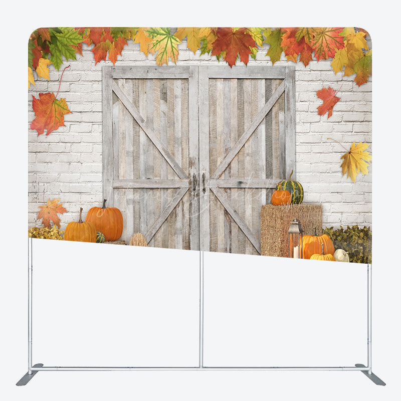 Lofaris Rustic Fall Harvest Tension Fabric Backdrop Autumn Pumpkin Patch with Barn Door Thanksgiving Photo Booth Decor