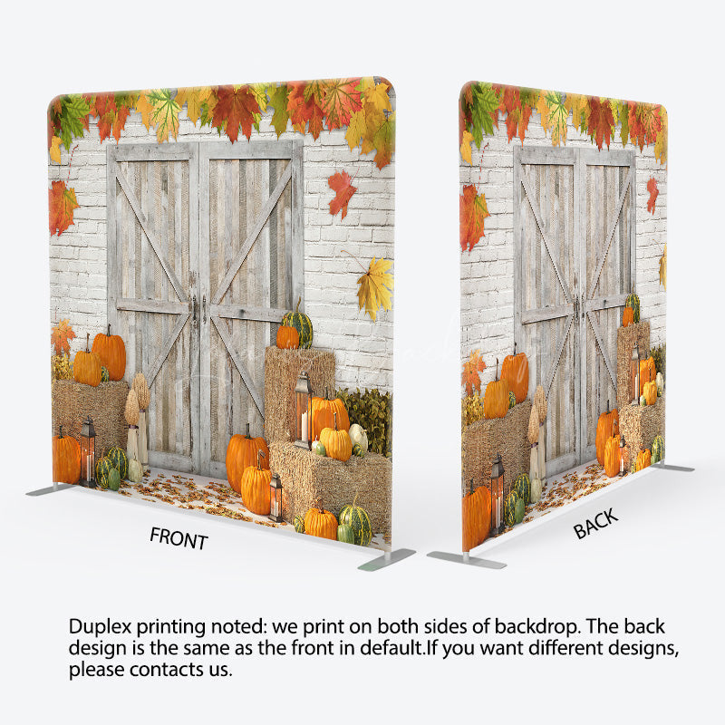 Lofaris Rustic Fall Harvest Tension Fabric Backdrop Autumn Pumpkin Patch with Barn Door Thanksgiving Photo Booth Decor
