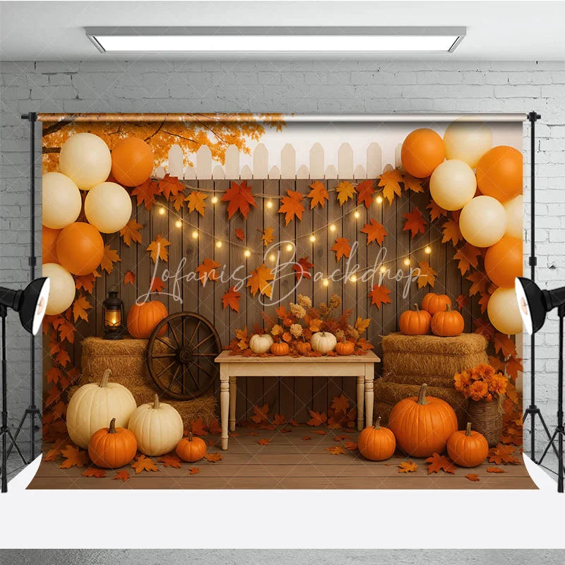 Lofaris Rustic Fall Porch Photography Backdrop with String Lights Pumpkins and Hay Bales Autumn Harvest Party Decor