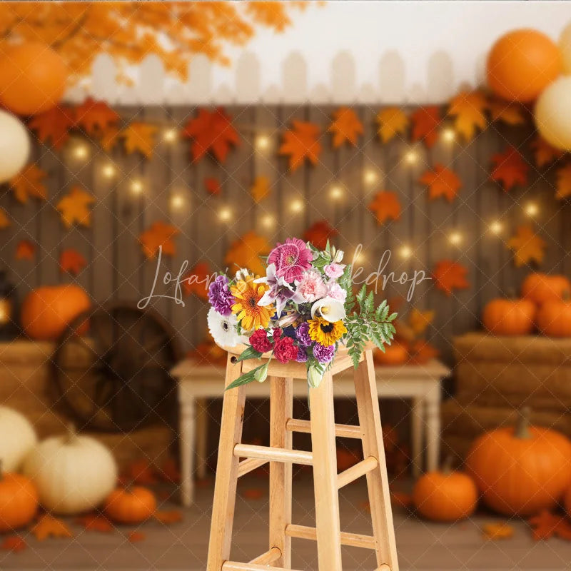 Lofaris Rustic Fall Porch Photography Backdrop with String Lights Pumpkins and Hay Bales Autumn Harvest Party Decor