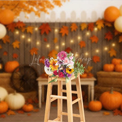 Lofaris Rustic Fall Porch Photography Backdrop with String Lights Pumpkins and Hay Bales Autumn Harvest Party Decor