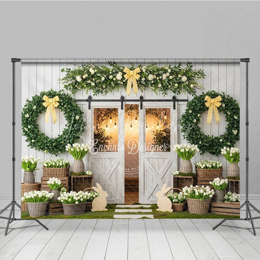 Lofaris Rustic Farmhouse Photography Backdrop with White Barn Doors Green Wreaths Spring Flowers and Easter Bunny Decor