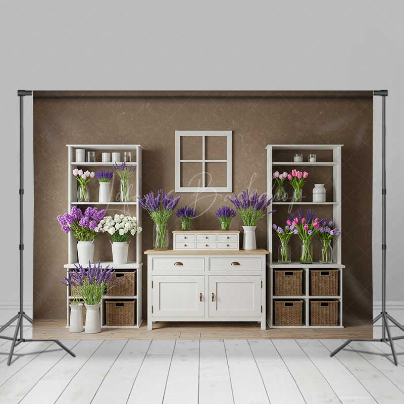 Lofaris Rustic Farmhouse Shelf Backdrop White Cabinet with Lavender and Tulips Country Spring Photography Studio Prop