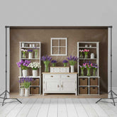 Lofaris Rustic Farmhouse Shelf Backdrop White Cabinet with Lavender and Tulips Country Spring Photography Studio Prop