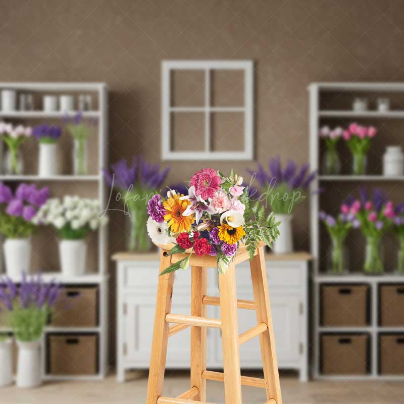Lofaris Rustic Farmhouse Shelf Backdrop White Cabinet with Lavender and Tulips Country Spring Photography Studio Prop