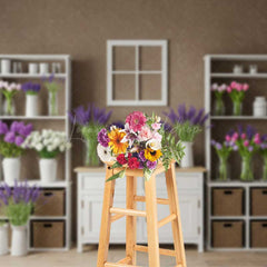 Lofaris Rustic Farmhouse Shelf Backdrop White Cabinet with Lavender and Tulips Country Spring Photography Studio Prop