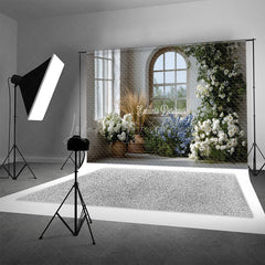 Lofaris Rustic Farmhouse Window Photography Backdrop White and Blue Floral Decor Spring Wedding Photo Background