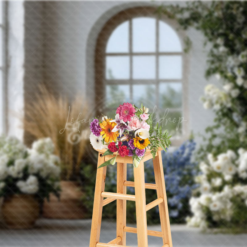 Lofaris Rustic Farmhouse Window Photography Backdrop White and Blue Floral Decor Spring Wedding Photo Background