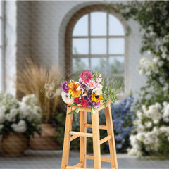 Lofaris Rustic Farmhouse Window Photography Backdrop White and Blue Floral Decor Spring Wedding Photo Background