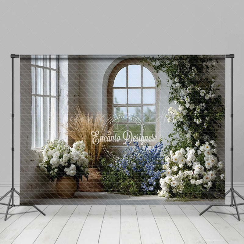 Lofaris Rustic Farmhouse Window Photography Backdrop White and Blue Floral Decor Spring Wedding Photo Background