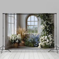 Lofaris Rustic Farmhouse Window Photography Backdrop White and Blue Floral Decor Spring Wedding Photo Background