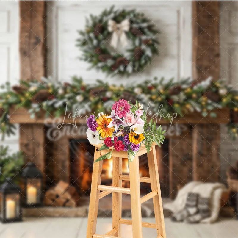 Lofaris Rustic Fireplace Mantel Garland Wreath Holiday Backdrop Cozy Warm Winter Christmas Festive Decor