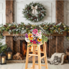 Lofaris Rustic Fireplace Mantel Garland Wreath Holiday Backdrop Cozy Warm Winter Christmas Festive Decor