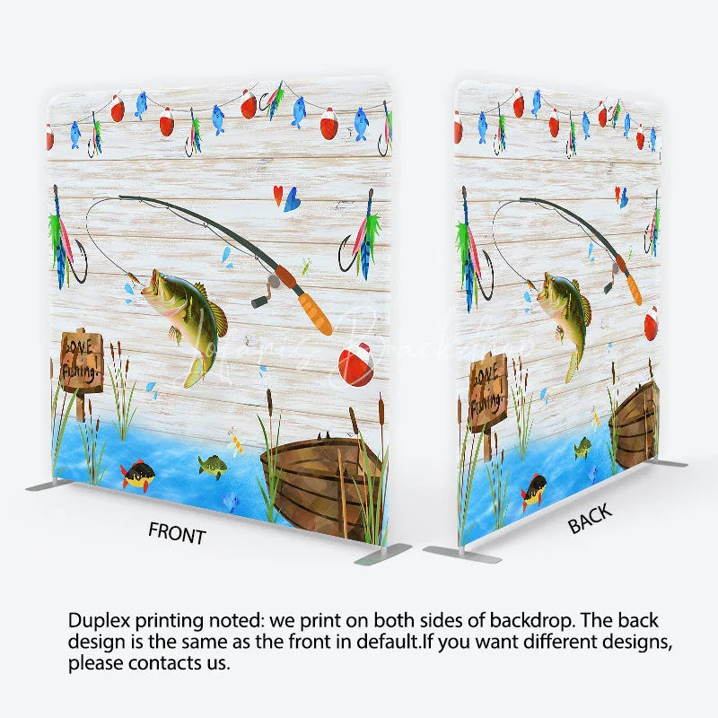 Lofaris Rustic Fishing Theme Square Double-Sided Backdrop GONE Sign with Jumping Bass and Boat for Party Decor