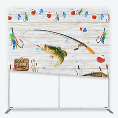 Lofaris Rustic Fishing Theme Square Double-Sided Backdrop GONE Sign with Jumping Bass and Boat for Party Decor
